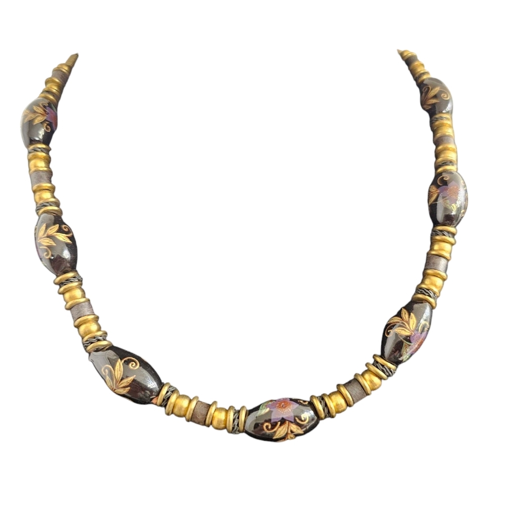 Artisan Bronze Tone Necklace With Painted Glass Beads 18"